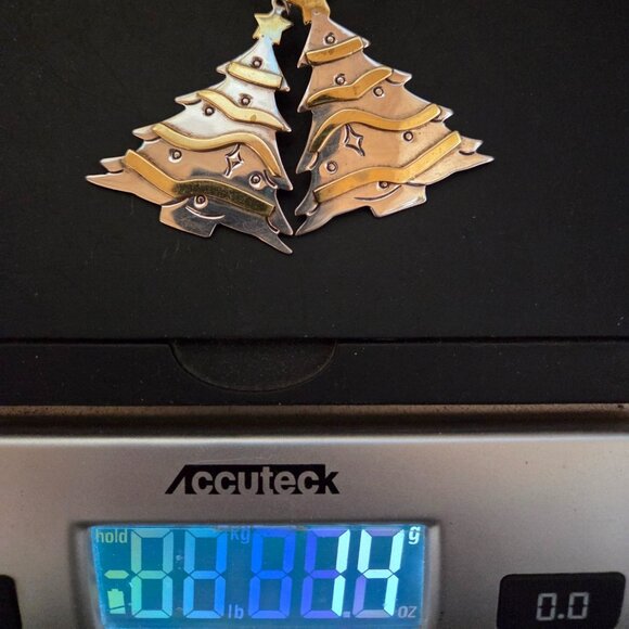 Earrings Sterling Silver & Brass Christmas Tree Star Top Dangle Vintage 14g - Picture 8 of 8